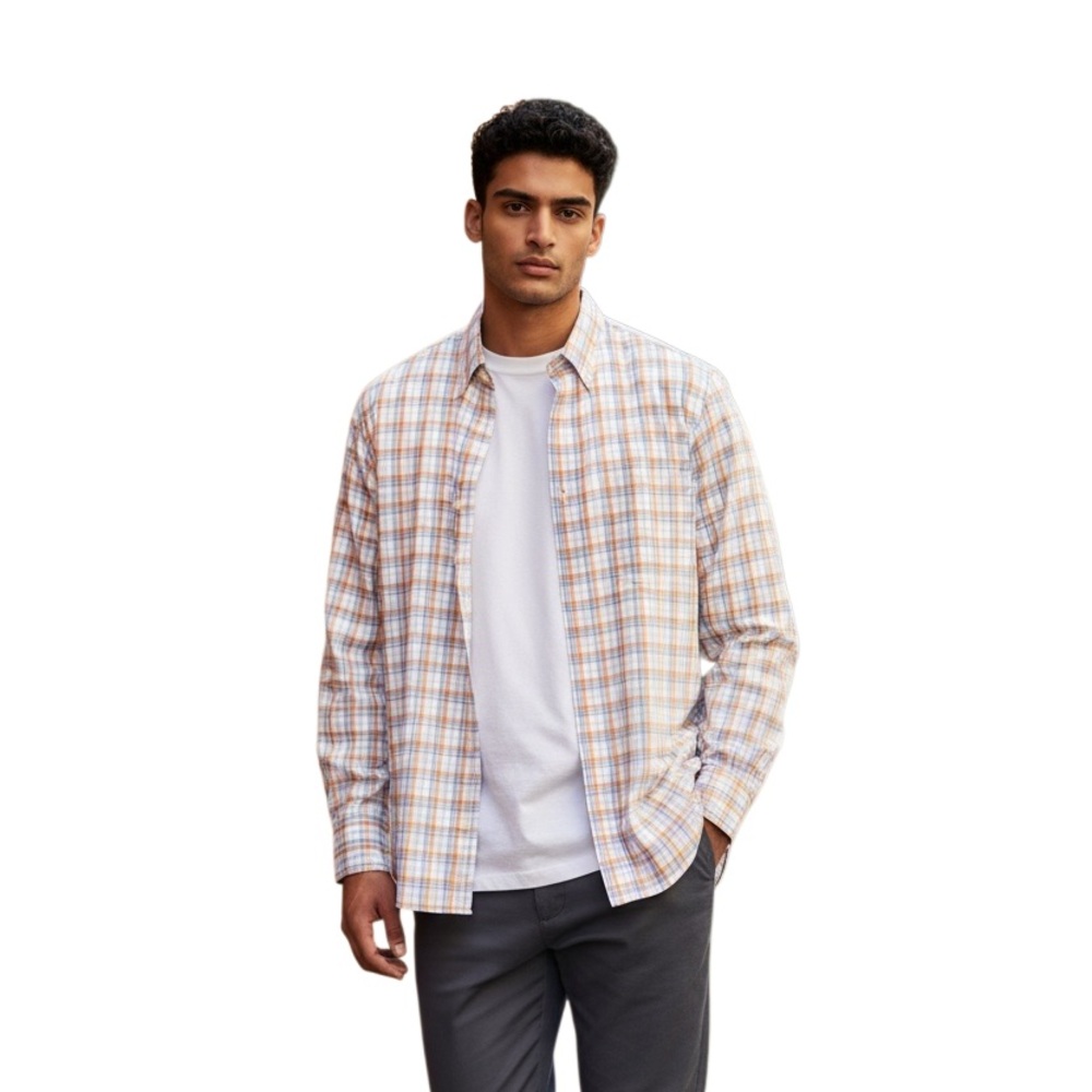 William Men's Casual Button-Down Plaid Shirt in White, Light Blue & Tan Size L